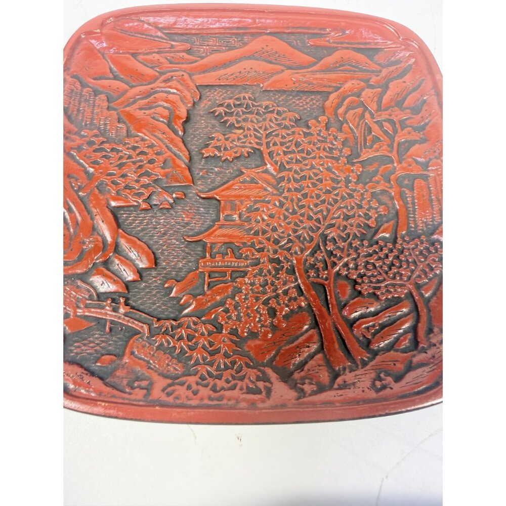 Appitizer Plates Set 3 Vintage Japanese Cinnabar Lacquer Ware Oriental Pagoda - Picture 5 of 12
